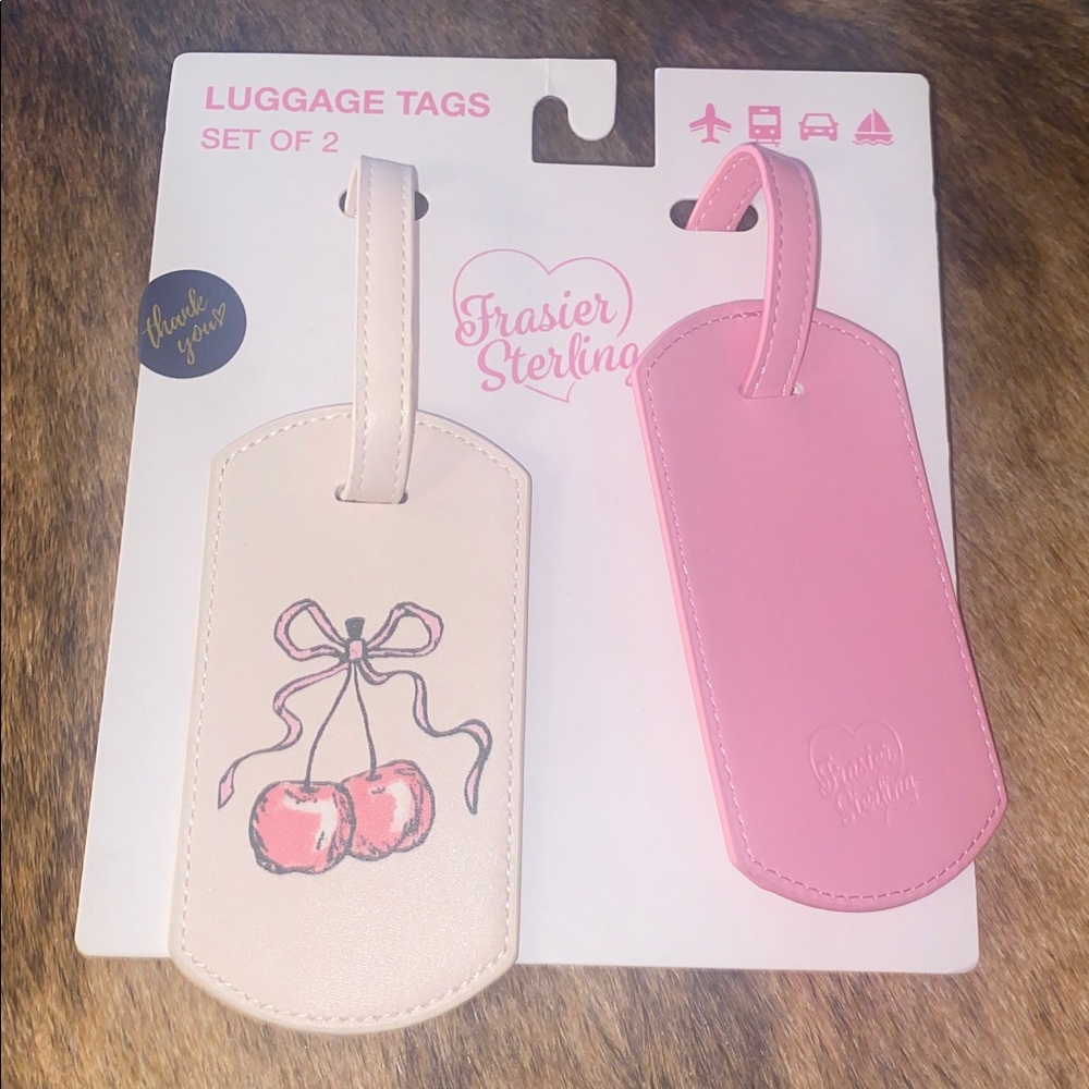 Frasier Sterling Cream Pink Pastel Cherry Buckle Faux Leather Luggage Tags NWT